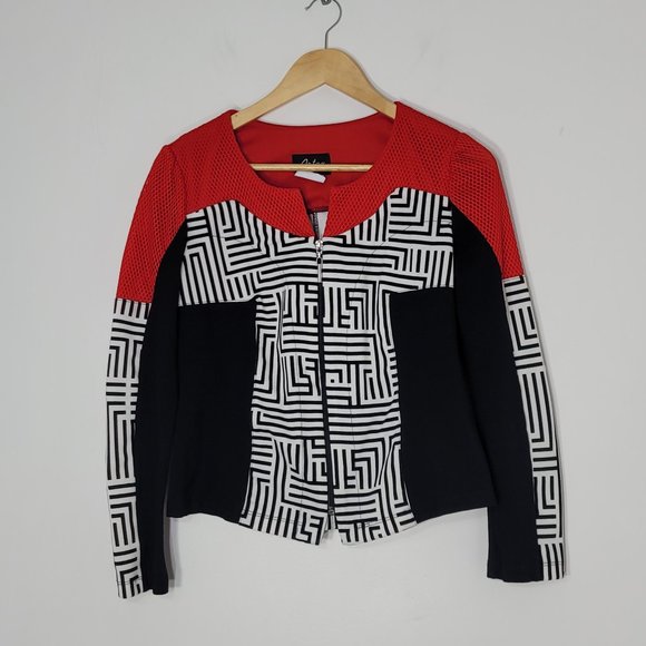 ARTEX Fashions Women's Red Black  White Geometric Long Sleeve Blazer Zip-Up Sz S - Picture 1 of 11